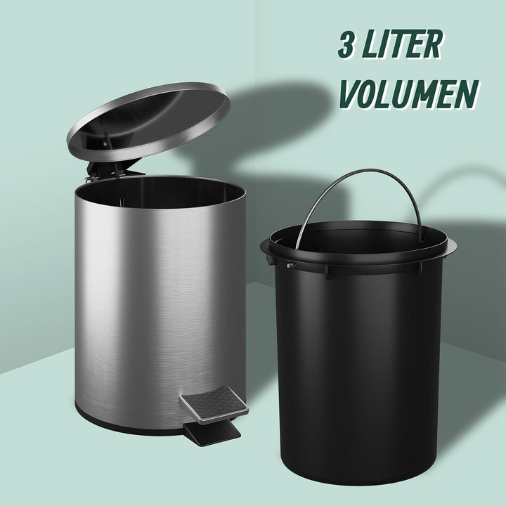 Relaxdays Kosmetikeimer, 3 Liter, Absenkautomatik, entnehmbarer Inneneimer, Edelstahl, Bad Mülleimer