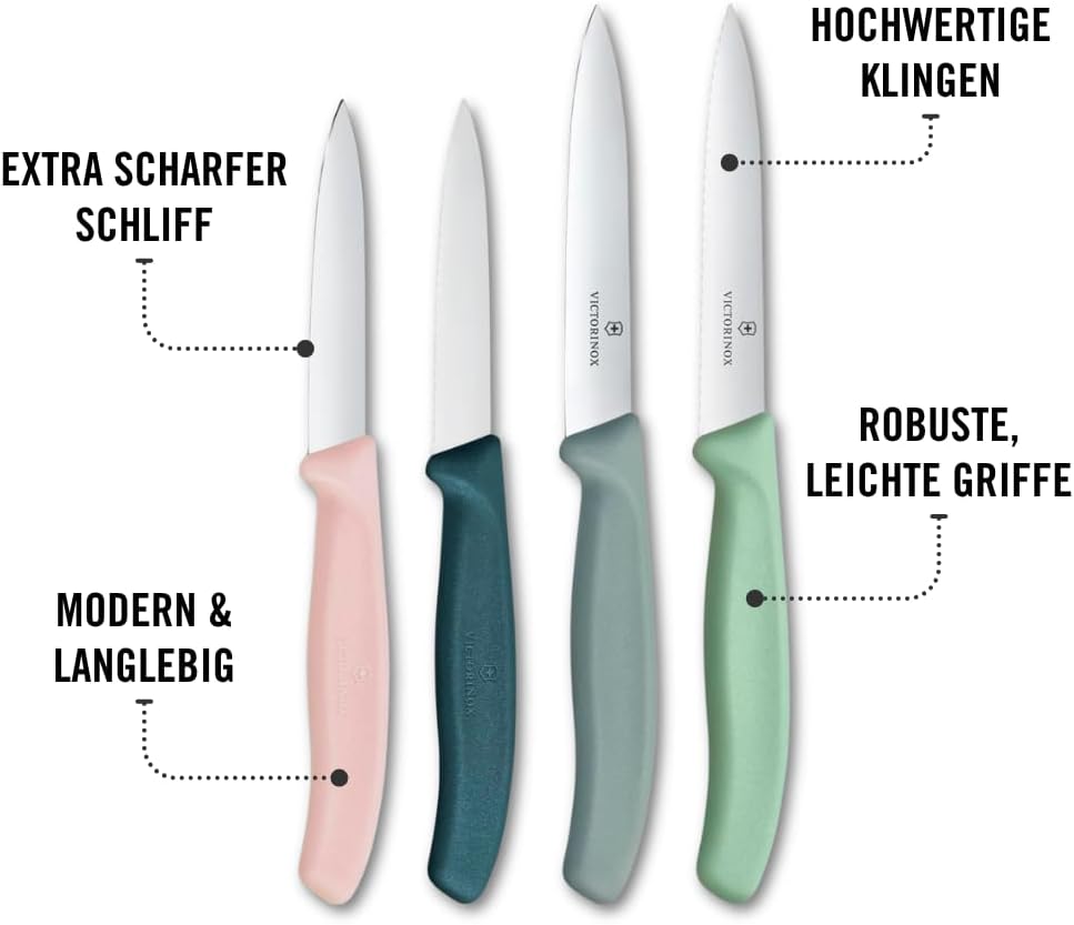 Victorinox Swiss Classic, Tomaten- und Gemüsemesser Set, 4teilig, Scharfe Klinge, 8 und 10 cm, Welle