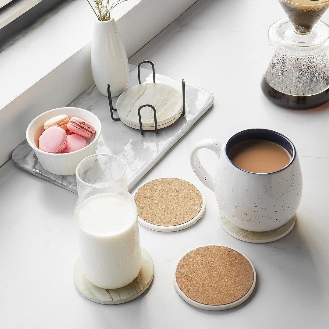 LIFVER Marmor Glas Untersetzer-Set 6er, Absorbierend Mit Korkboden Und Halter, Für Getränke in Bars,