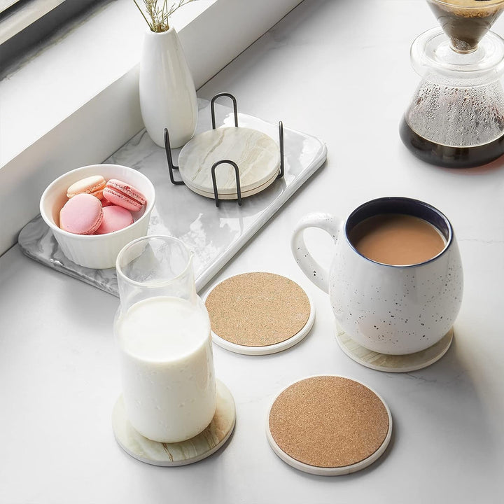 LIFVER Marmor Glas Untersetzer-Set 6er, Absorbierend Mit Korkboden Und Halter, Für Getränke in Bars,