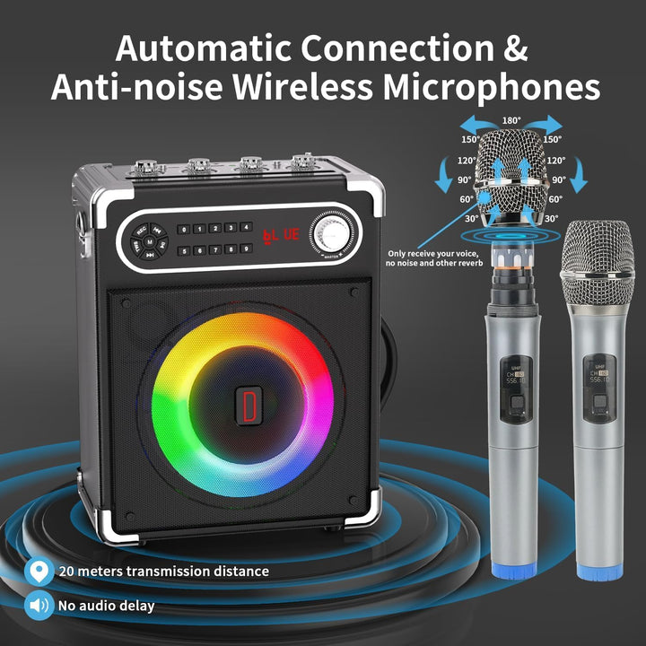Karaoke Anlage mit 2 Mikrofonen, Tragbarer Kabelloser Lautsprecher Party Musik Box mit LED-Leuchten,