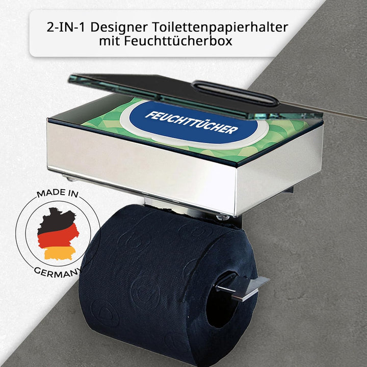 Toilettenpapierhalter mit Feuchttücherbox - Gehäuse Poliert & Abdeckung Glas Schwarz- befüllbar von