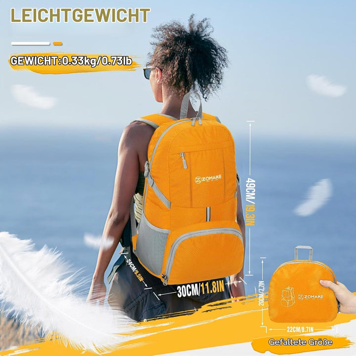 ZOMAKE Faltbarer Rucksack 35L,Leichter Rucksäcke Wasserdicht Wanderrucksack Packable Backpack für Da