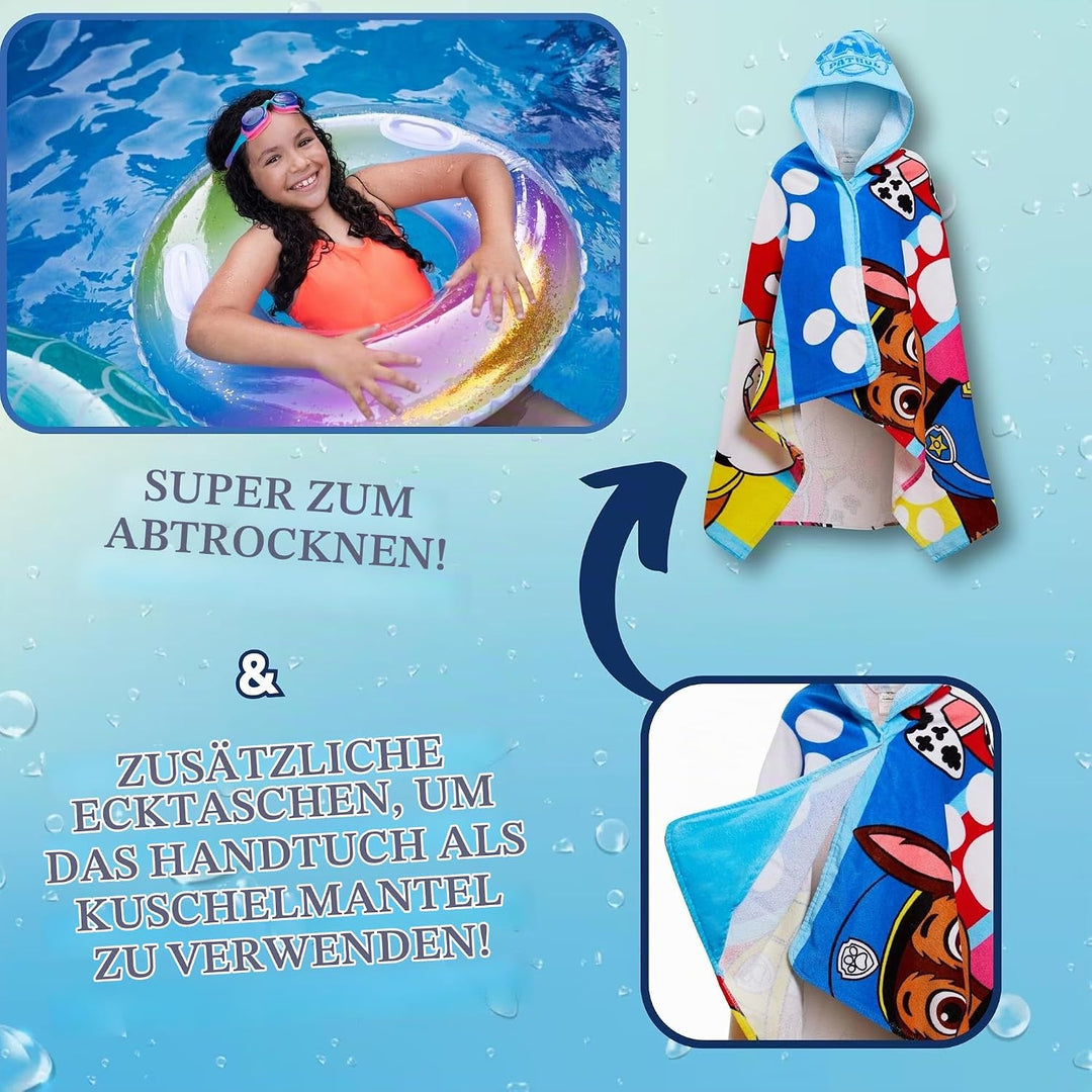 PAW Patrol Kapuzenhandtuch, 100% Baumwolle, Skye Chase Poncho, Kinder-Strandtuch, Jungen-Badetuch, M