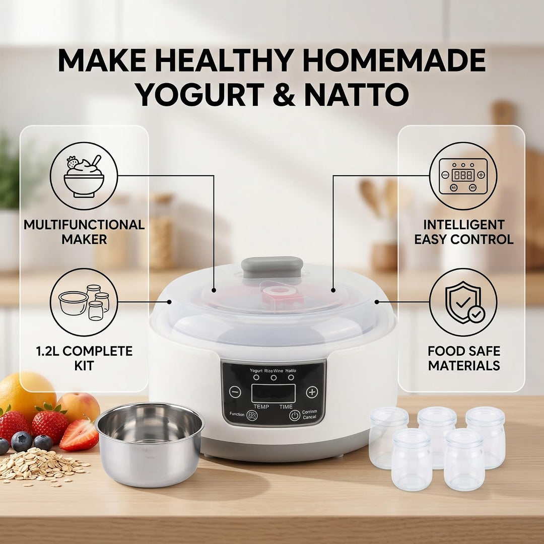 Elektrischer Joghurtbereiter, Hausgemachter Natto-Maker, Kleiner Inkubator mit Gläsern, Edelstahlein