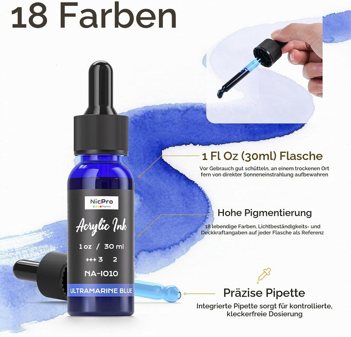 Nicpro 18 Farben Acrylic Ink Set, 30 ml Flasche mit Tropfer, Flüssige Acryltinte Schnell Trocknende,