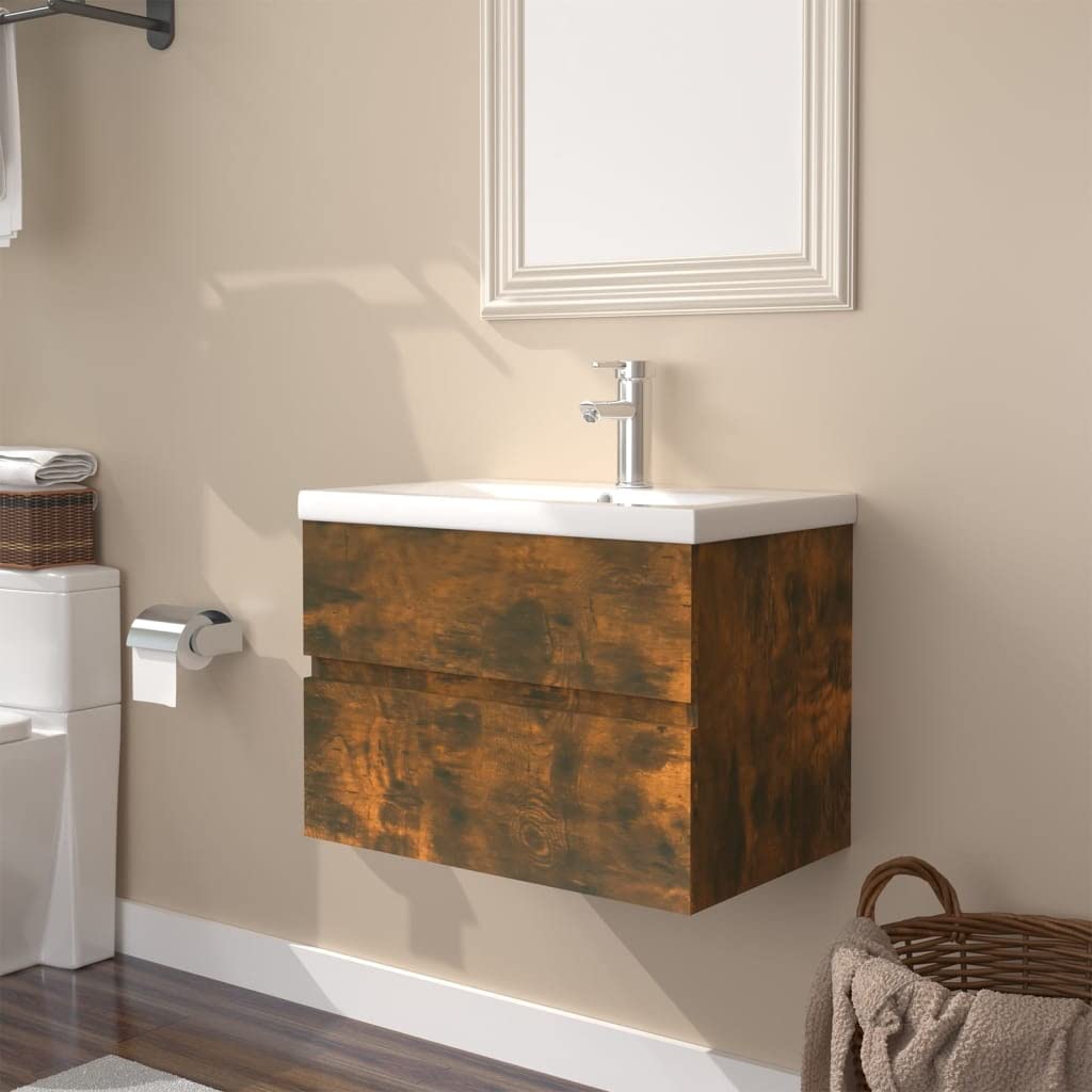 WIFESE Waschbeckenschrank mit Einbaubecken 61x39,5x18,5 cm Räuchereiche Holzwerkstoff Waschtischunte