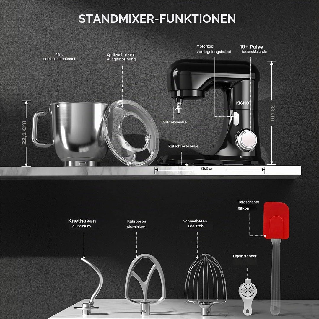 KICHOT Küchenmaschine Knetmaschine, 10-Gang Küchenmaschine, 4,5L Kuchenmixer, Rührmaschine mit Schne