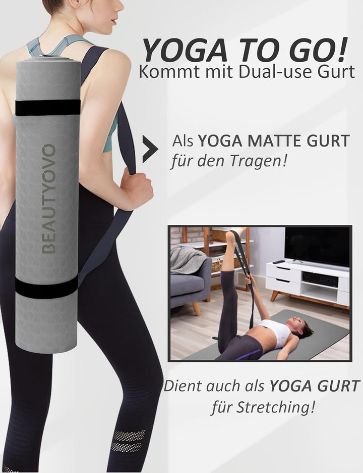 Yogamatte Rutschfest mit Tragegurt, 8mm Dicke Yoga Matte, Pro Sportmatte Fitnessmatte Rutschfest, TP