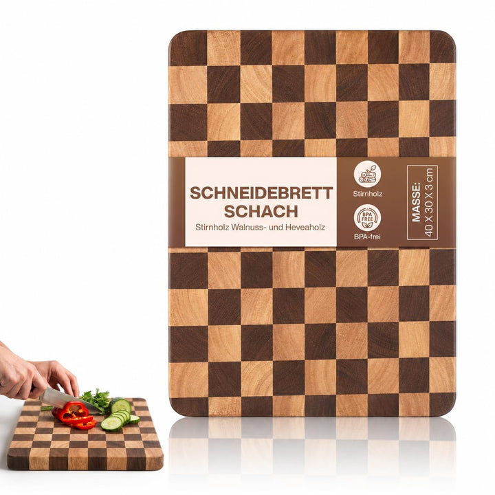 Premium Schneidebrett Schachbrett aus Akazien- und Heveaholz - mit Saftrille - 40 x 30 x 3 cm Hochwe