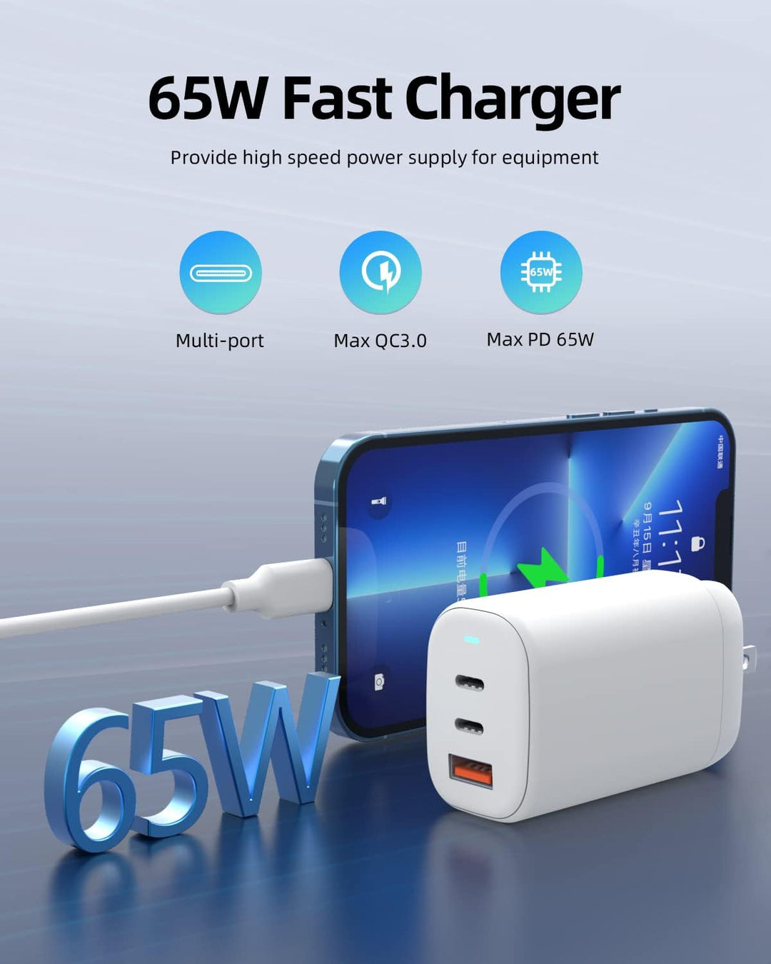 PD 65W USB-C 3 Ports Reisen USA EU Netzteil für MacBook Air/Pro 13" 2021 2020 2019,Lenovo ThinkPad Y