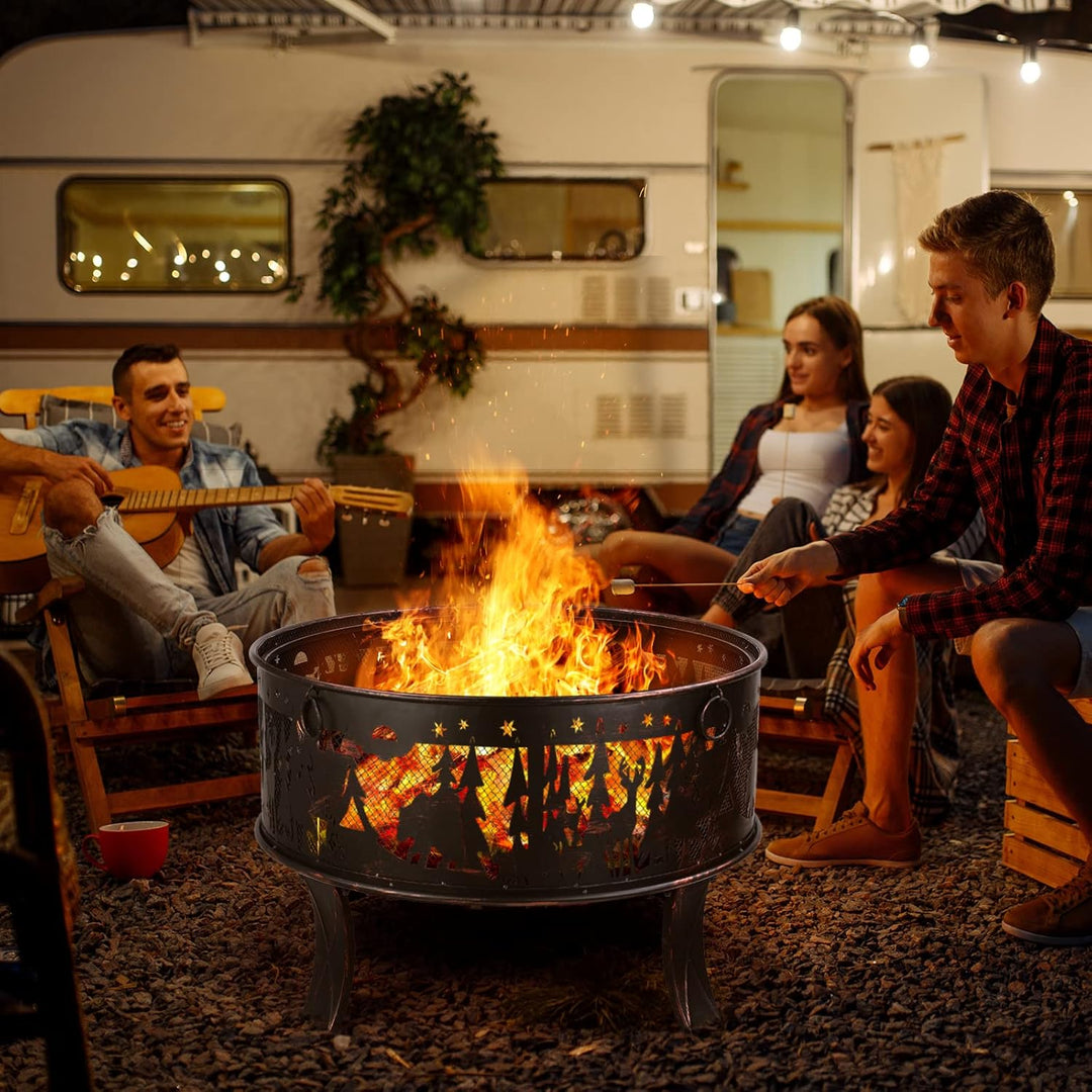 Feuerschale, Feuerschale Garten, Feuerkorb mit Funkenschutz, Feuerstelle Retro-Look, inkl. Poker & K