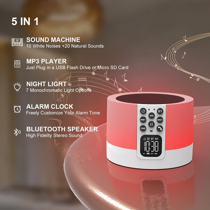 Tragbarer Bluetooth Lautsprecher mit Licht, Digital Wecker, White Noise Machine, Touch Dimmbares Nac