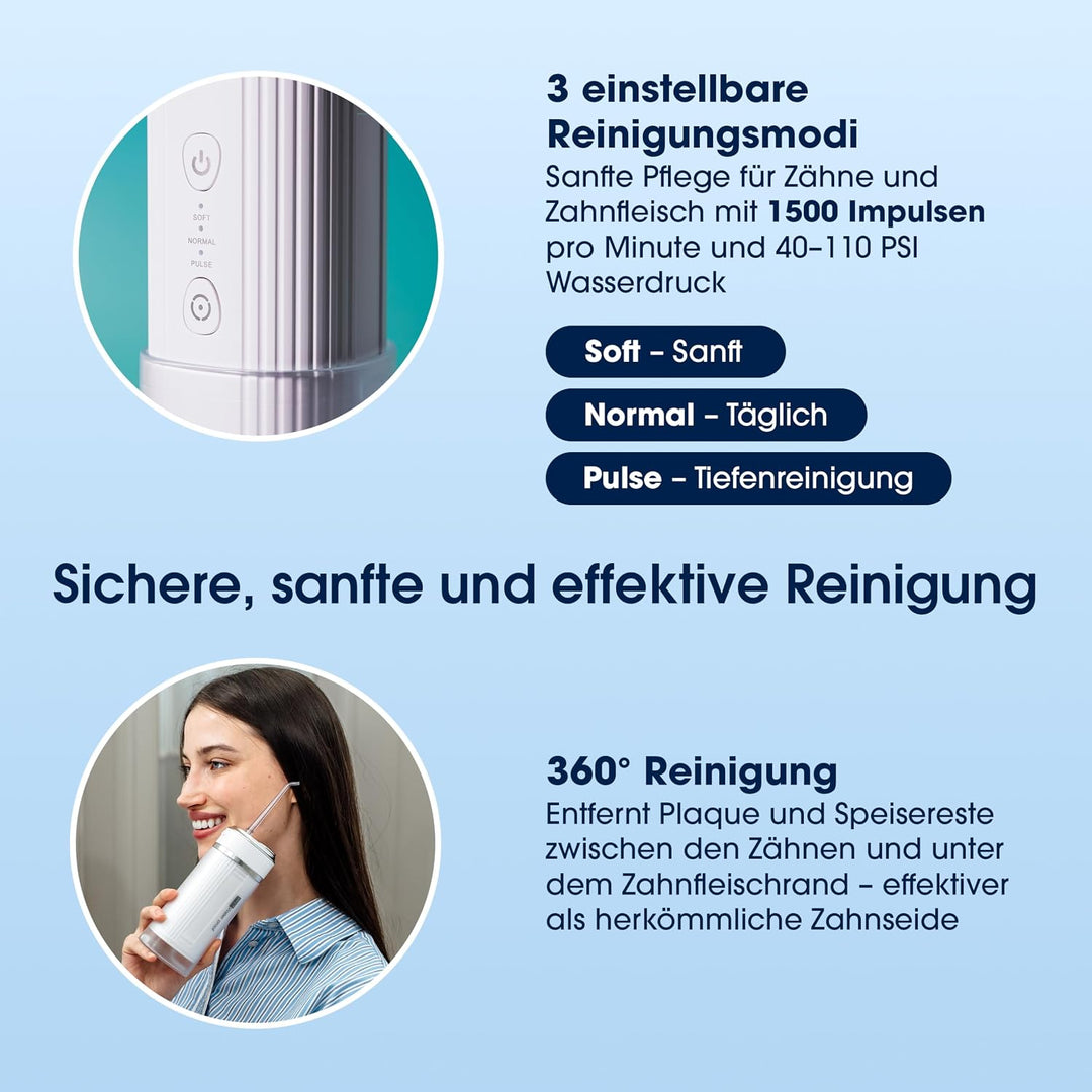 ZENT Stream+ Munddusche kabellos, Water flosser für Reise, Erweiterte 360°-Rotationstechnologie, 3 S