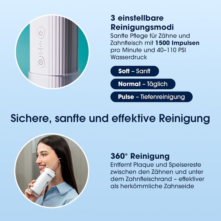 ZENT Stream+ Munddusche kabellos, Water flosser für Reise, Erweiterte 360°-Rotationstechnologie, 3 S