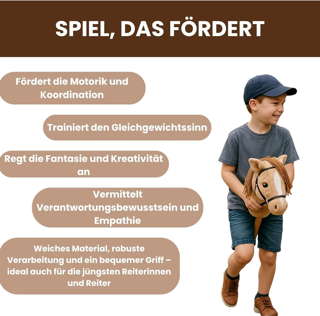 Start Hobby Horse Steckenpferd aus Plüsch mit Holzstock – Realistisches Stockpferd mit Langer Mähne