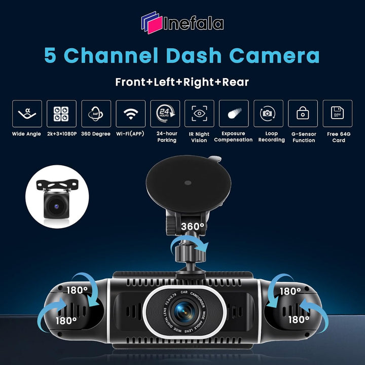 2K WiFi Dashcam Auto 4 Kanal, 360 Grad Dash Cam FHD Vorne Hinten Innen Links und Rechts 2K+1080P*3,