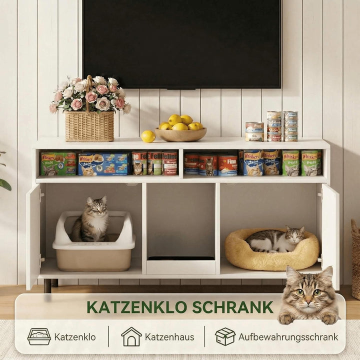 Katzenklo Schrank für 2 Katzen, Weiss, 120 x 50 x 66 cm | MDF, verstecktes Katzenklo Möbel, belüftet