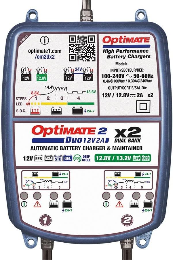 Optimate OptiMate 2 DUO x 2 BANK, TM570, BRONZE-Serie: 5-stufiges 2x 12V/12,8V 2A Batterielade- & -w