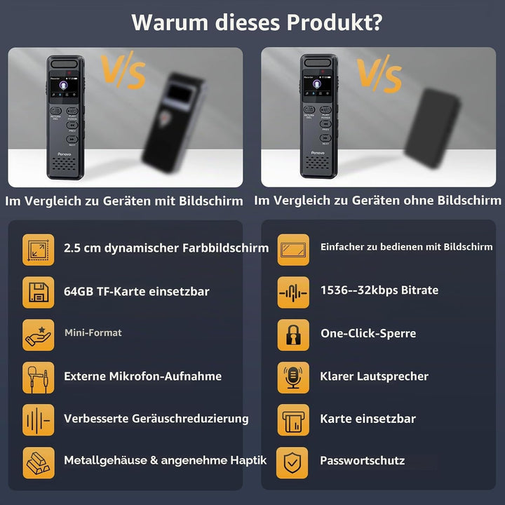 80GB Diktiergerät Digitale mit Spracherkennung, Ponovo Aufnahmegerät 100 Std Kontinuierliche Aufnahm
