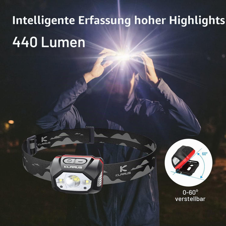 klarus HM1 440 Lumen wiederaufladbare Gestensensor Stirnlampe Kopflampe, 5 Modi 70 Stunden Laufzeit,