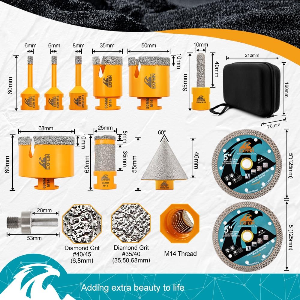 Diamant Fliesenbohrer Set 12 Stück - EXFEIN Lochsäge 6/6/8/25/35/50/68mm + 10mm Fingerfräser + 50mm