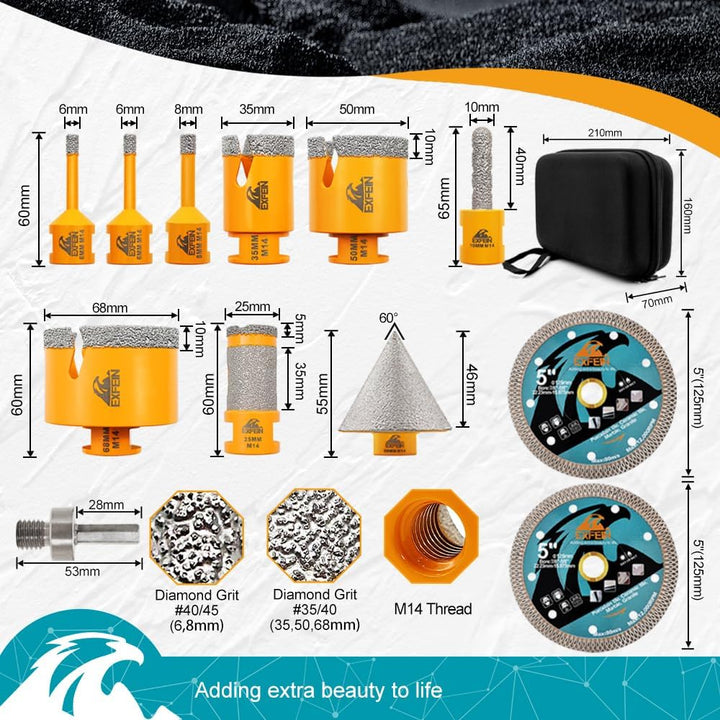 Diamant Fliesenbohrer Set 12 Stück - EXFEIN Lochsäge 6/6/8/25/35/50/68mm + 10mm Fingerfräser + 50mm