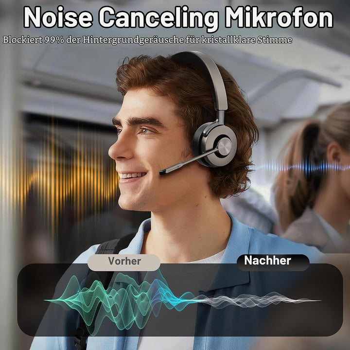 Beebang Bluetooth Headset mit Mikrophone, Kabelloses Headset für PC Laptop, 32h Gesprächszeit, USB A