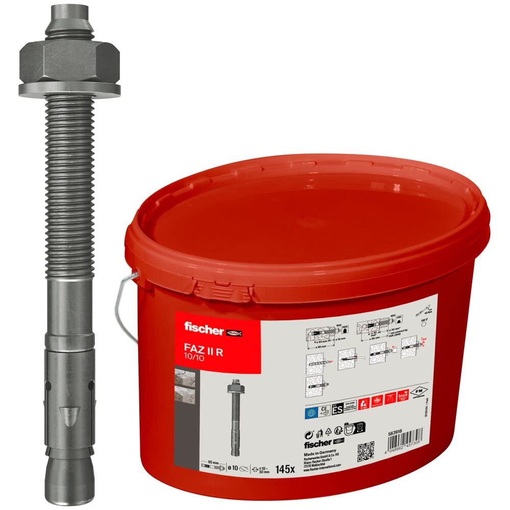 fischer Bolzenanker FAZ II 10/10 Edelstahl, 145 Stück im praktischen Eimer, Stahlanker für höchste A