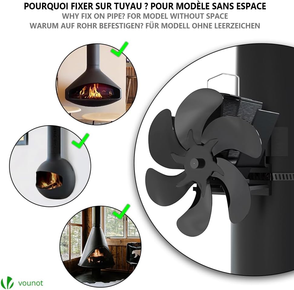 VOUNOT 4 Blatt Ofenventilator Ohne Strom, Wärmebetriebener Kaminventilator Ventilator, Lüfter für Ka