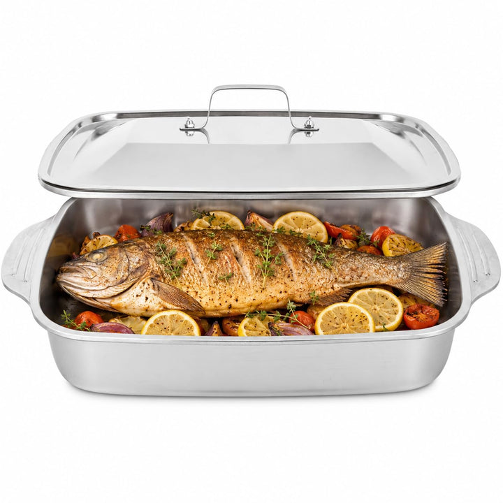 Edelstahl Backform 41X24X7,5cm Rechteckige Fischpfanne mit Deckel für Backofen Grill und Dämpfen Gee