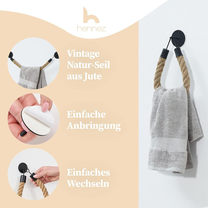Hennez Handtuchhalter Jute Seil – Wand, Bad ohne Bohren – Küche Kleben statt Bohren – Geschirrtuchha