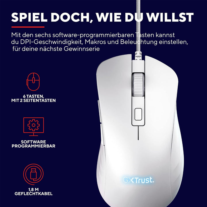 Trust Gaming GXT 924W Ybar+ Kabelgebundene Gaming Maus, 25600 DPI, 50% Recycelten Materialien, 6 Pro