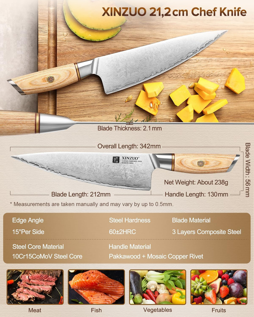 XINZUO 21.2cm Kochmesser Verbundstahl 10Cr15CoMoV, Profi Chefmesser Edelstahl Küchenmesser 3 Schicht
