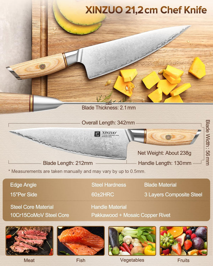 XINZUO 21.2cm Kochmesser Verbundstahl 10Cr15CoMoV, Profi Chefmesser Edelstahl Küchenmesser 3 Schicht