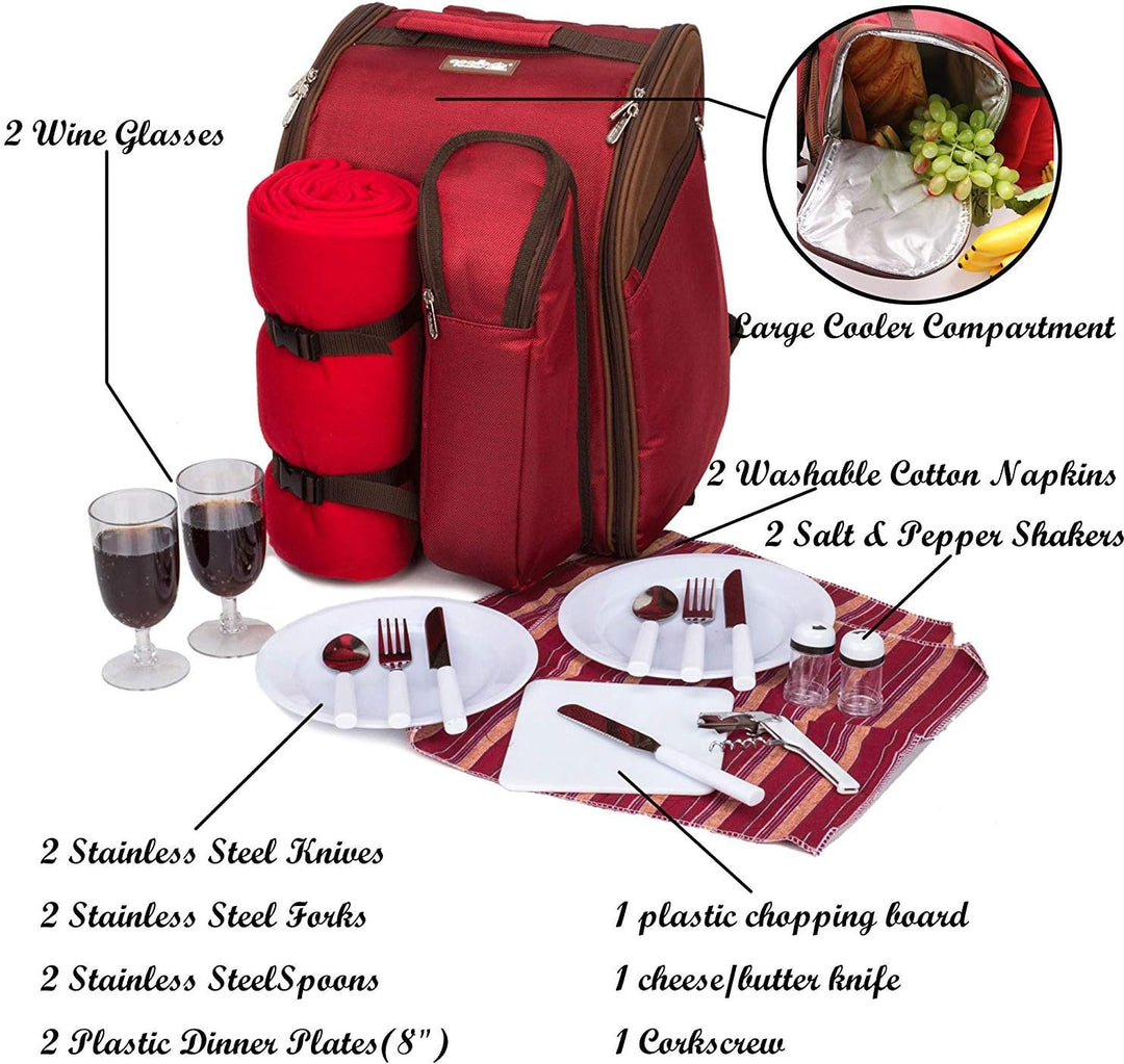 Apollowalker, roter Picknickrucksack für 2 Personen, Korb mit Kühltasche, inkl. Geschirr und, Rot