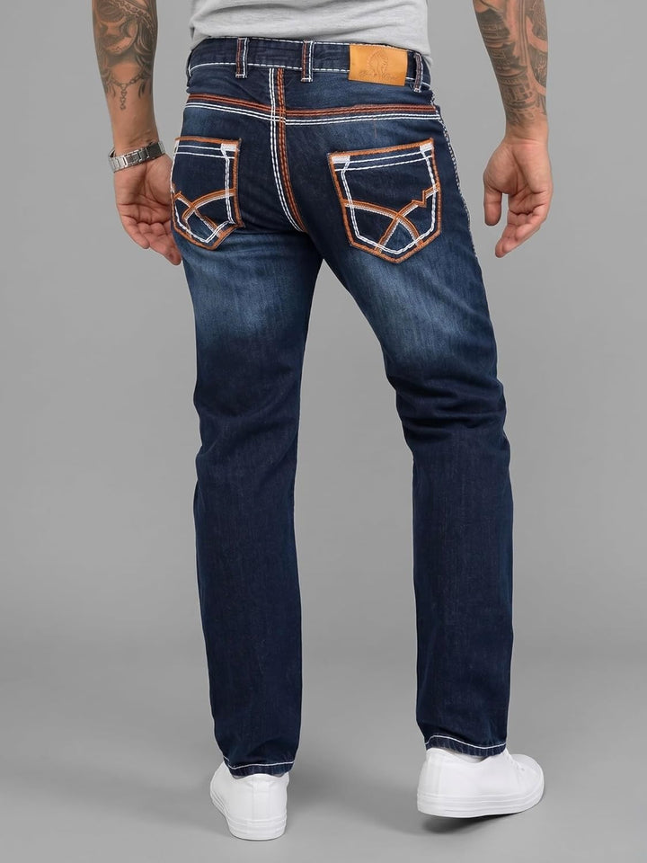 Rock Creek Herren Designer Jeans Hose Dicke Nähte Vintage Blau RC-2056 29W / 30L Dunkelblau - Rc-216