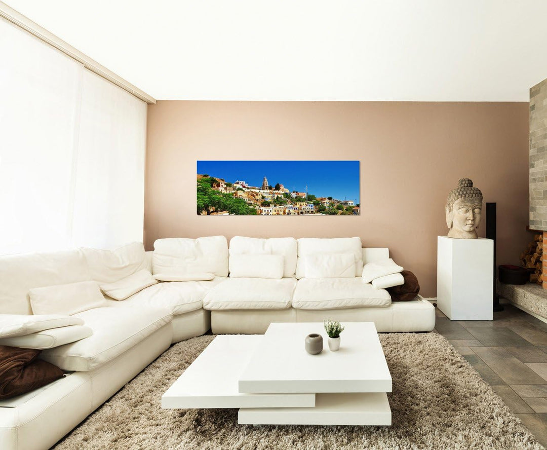 Paul Sinus Art Panoramabild auf Leinwand und Keilrahmen 150x50cm Griechenland Stadt Meer Boote Somme