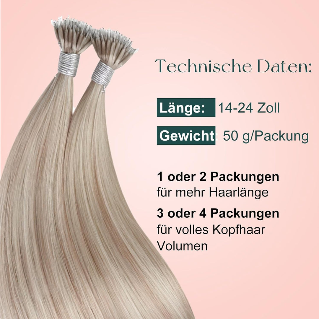 Easyouth Nano Bead Extensions Echthaar Farbe Aschblond und Gelb Blond 14 Zoll 50 Stück 50g Nano Loop