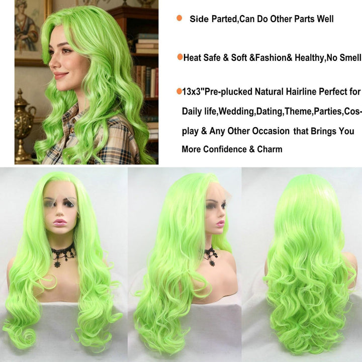 13x2.5" Fluoreszierendes Grün natürlich lange gewellte Perücken synthetische Lace-Front-Perücken für