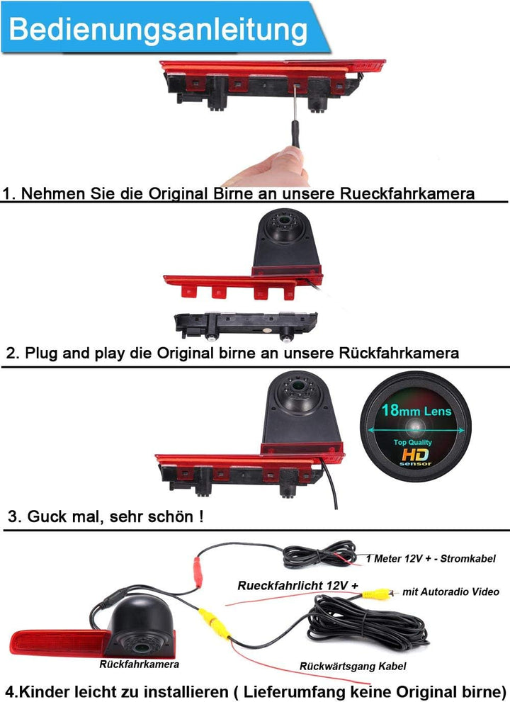 Bremsleuchte Kamera Wasserdicht Nachtsicht Rückfahrkamera Transporter Rückfahrsystem+4.3" Zoll LCD R