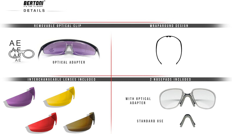 BERTONI Schiessbrille Sehstärke mit Optikadapter mit 4 Wechselgläser - AF899A Ballistische Schutzbri