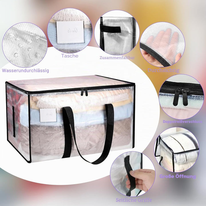 4 Stück 90L Grosse Aufbewahrungstasche mit Deckel, Transparente Umzugskartons Kleiderbox Plastiktasc