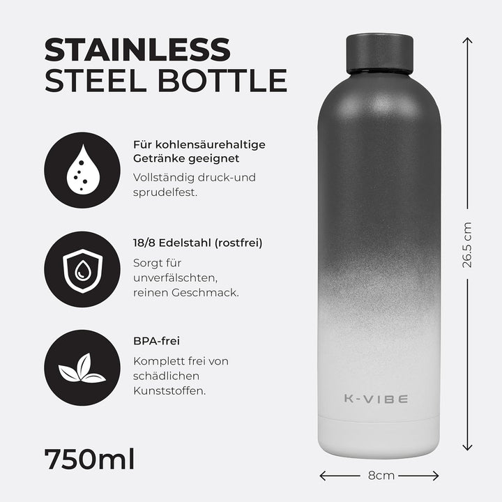 K-VIBE Isolierte Trinkflasche 750 ml – Edelstahl Thermosflasche doppelwandig & kohlensäuregeeignet –