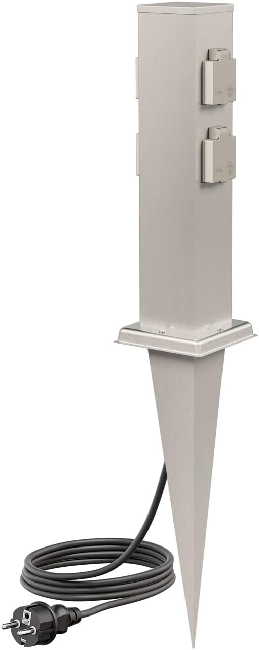 ledscom.de Garten-Steckdosen-Säule Polly mit Erdspiess und 2m Kabel für aussen, 4-Fach, Edelstahl, e