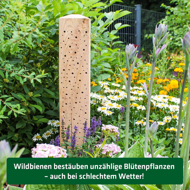 GARDIGO® Insektenhotel für Wildbienen | Unikat Bienenhotel Stamm ca 70 cm aus massivem Eichenholz |