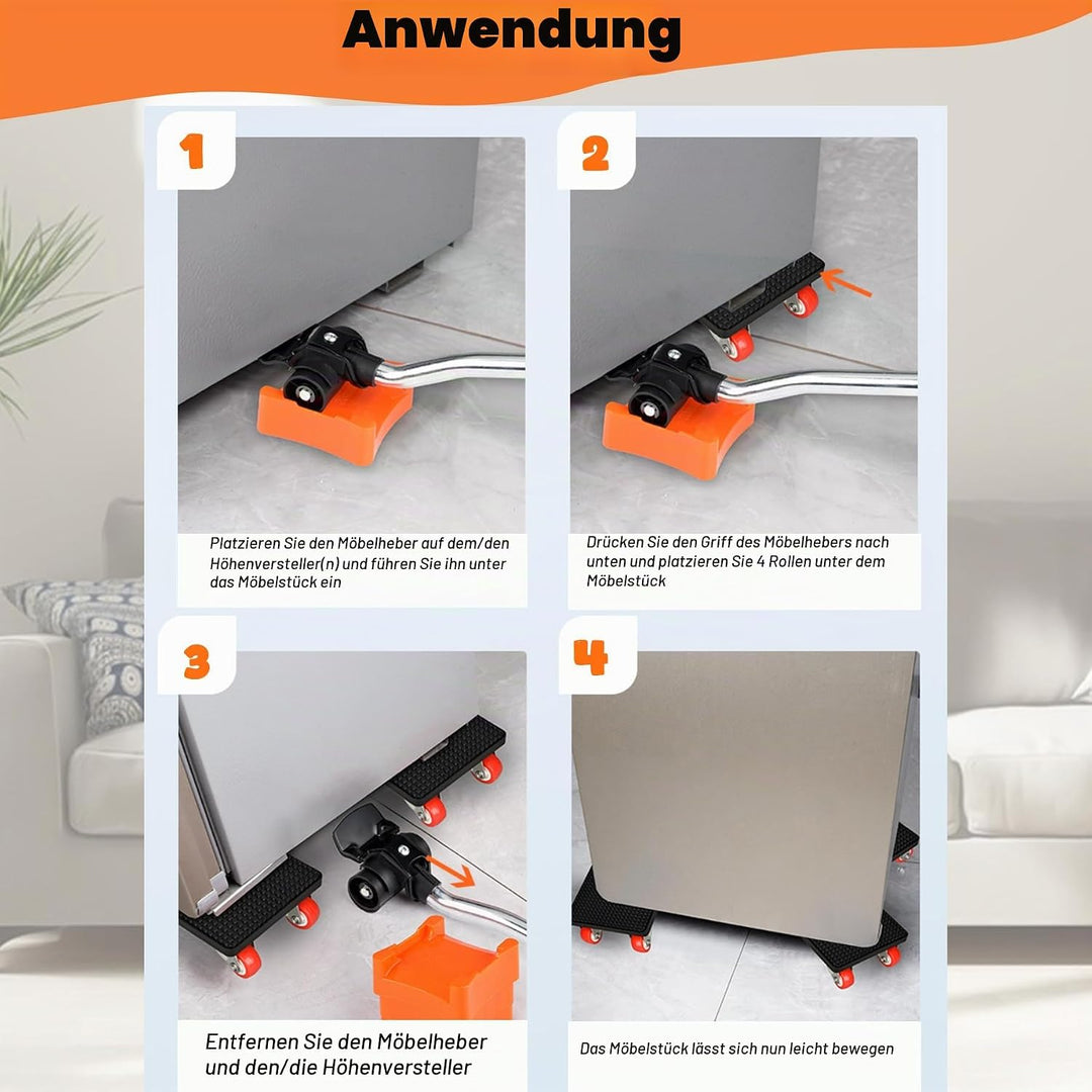 Qingning Möbel Transportroller Set, 4 Möbelroller &amp; 1 Lastenheber für Schwere Möbel, 500kg Tragfähig