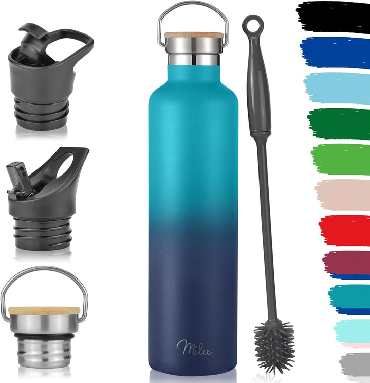 Milu Edelstahl Trinkflasche 500ml, 750ml, 1000ml (+3 Deckel) - Thermosflasche mit Strohhalm, Isolier