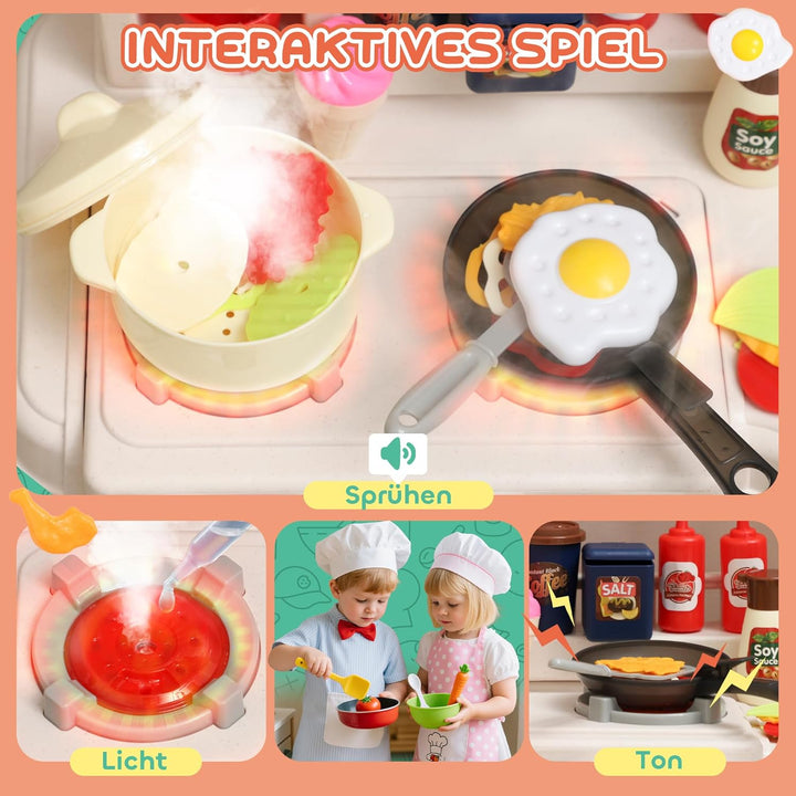 AIYAPLAY Kinderküche Spielküche mit Ofen Spüle Licht-und Soundfunktion und Zubehör Spielzeugküche Pu
