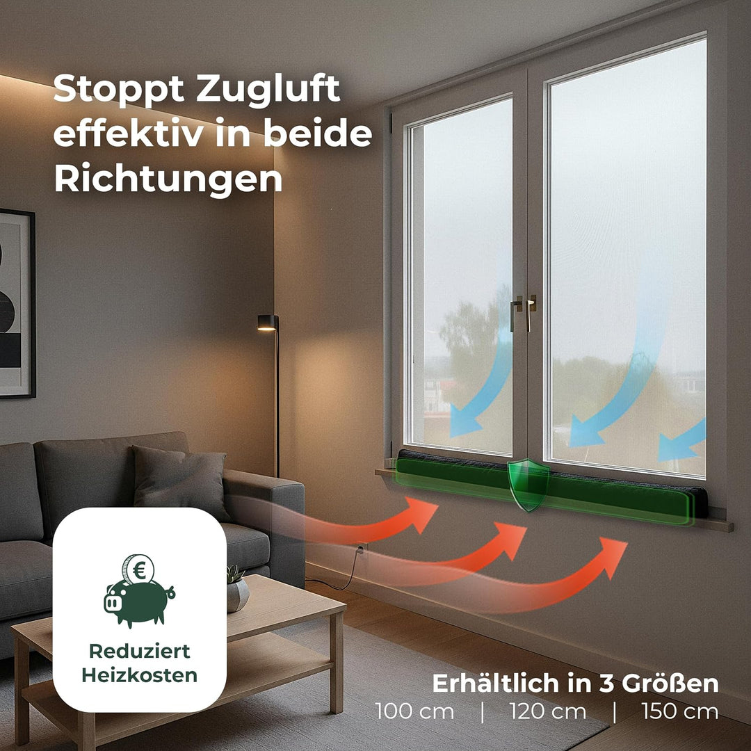 Zugluftstopper für Fenster 120cm Anthrazit Schurwolle – stoppt Zugluft &amp; Kälte, dämpft Lärm/Staub/Li